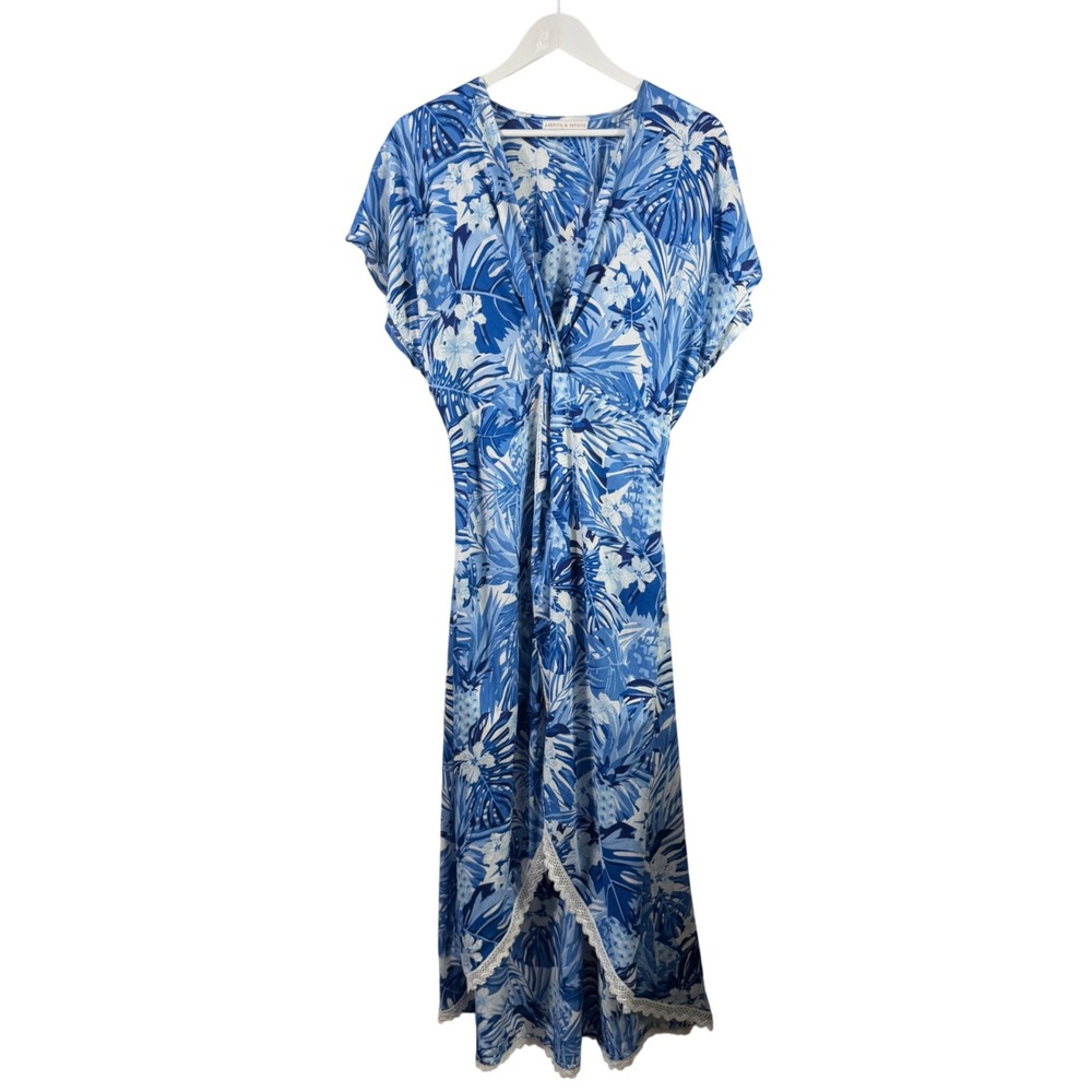 America‎ & Beyond Blue Tropical Floral Twist Front High Low Maxi Dress Large